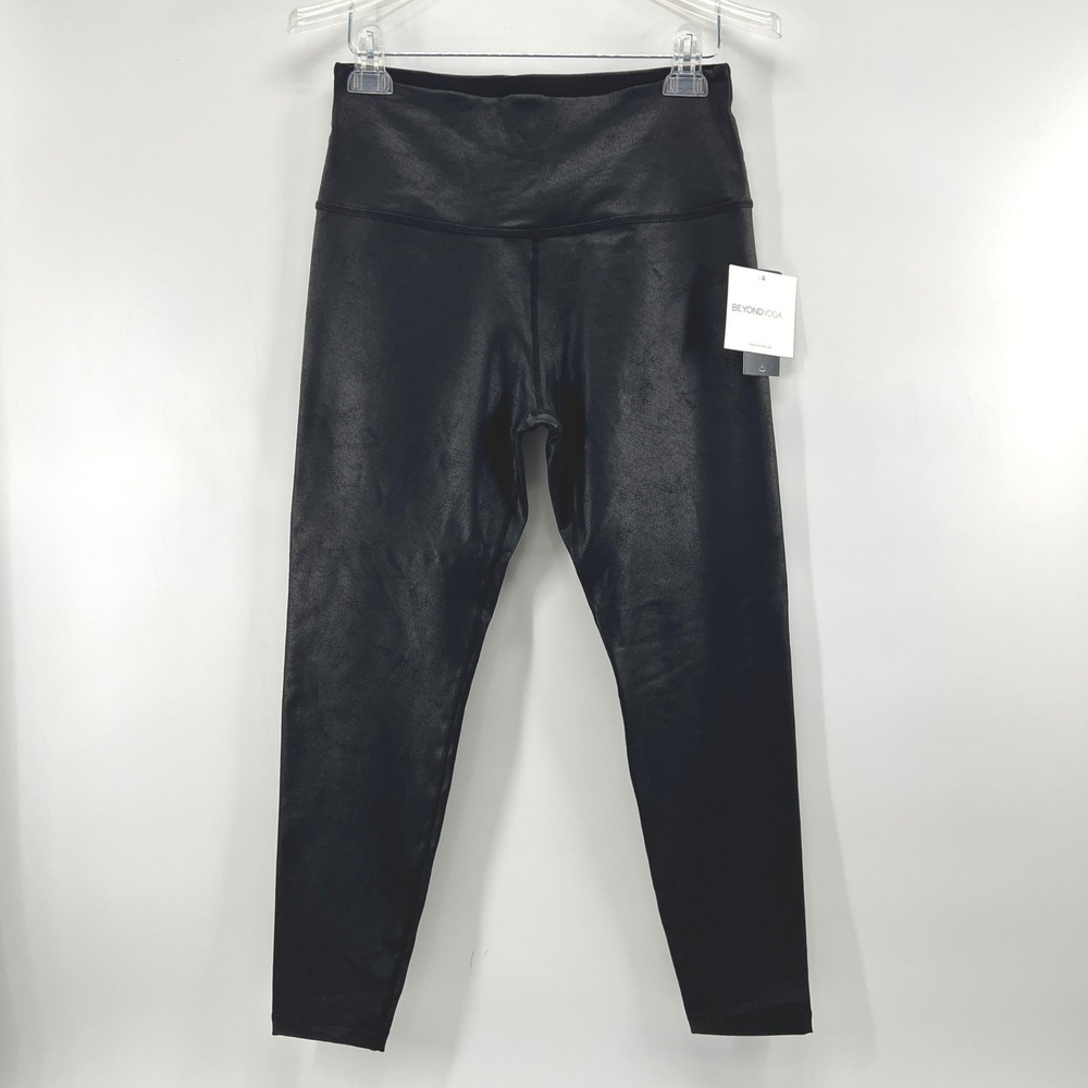 Beyond Yoga Midi Leggings XL Black Faux Leather Foil High Waisted Leatherette
